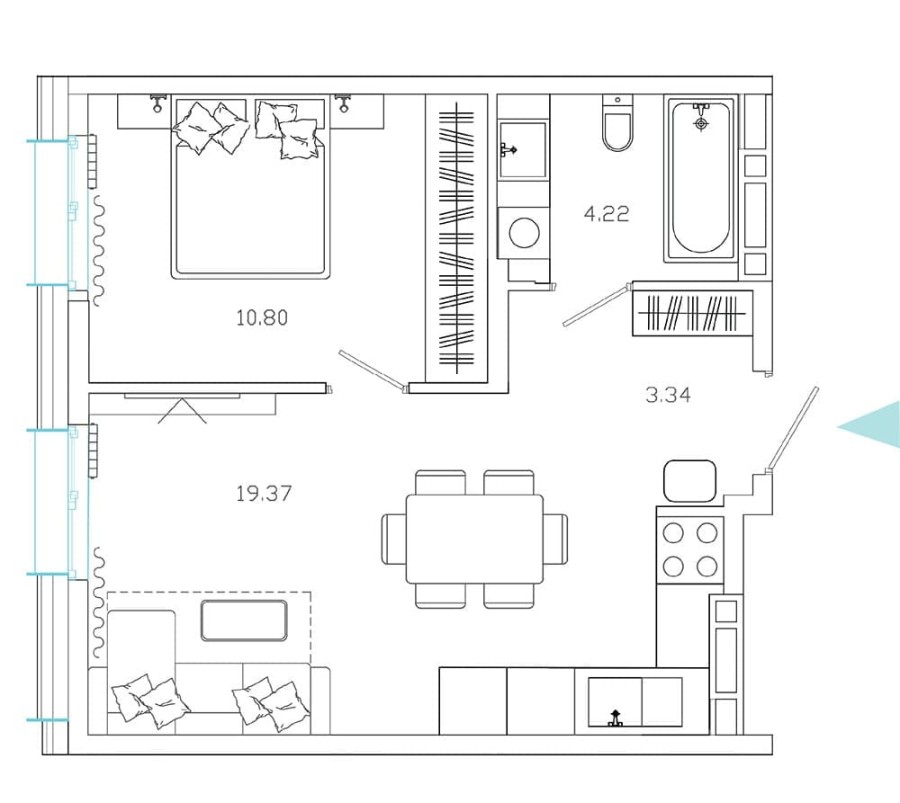 2-комнатная, 38.1 м² в Эмоции