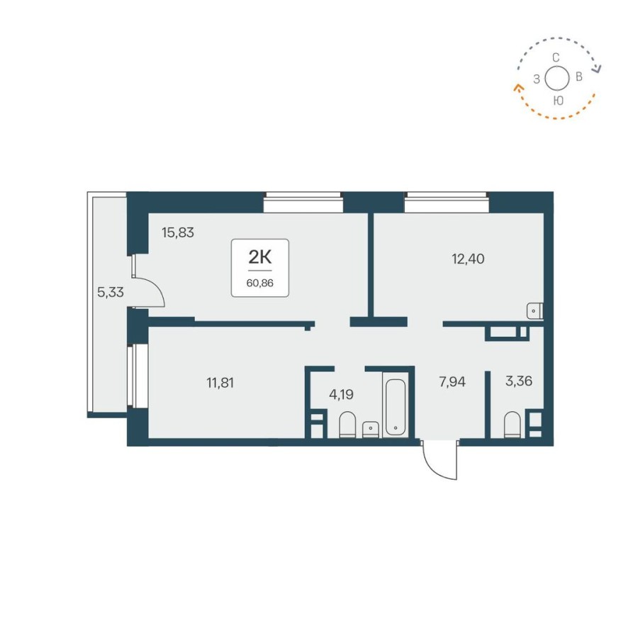 2-комнатная квартира, 60.86 м² в Квартал на Игарской
