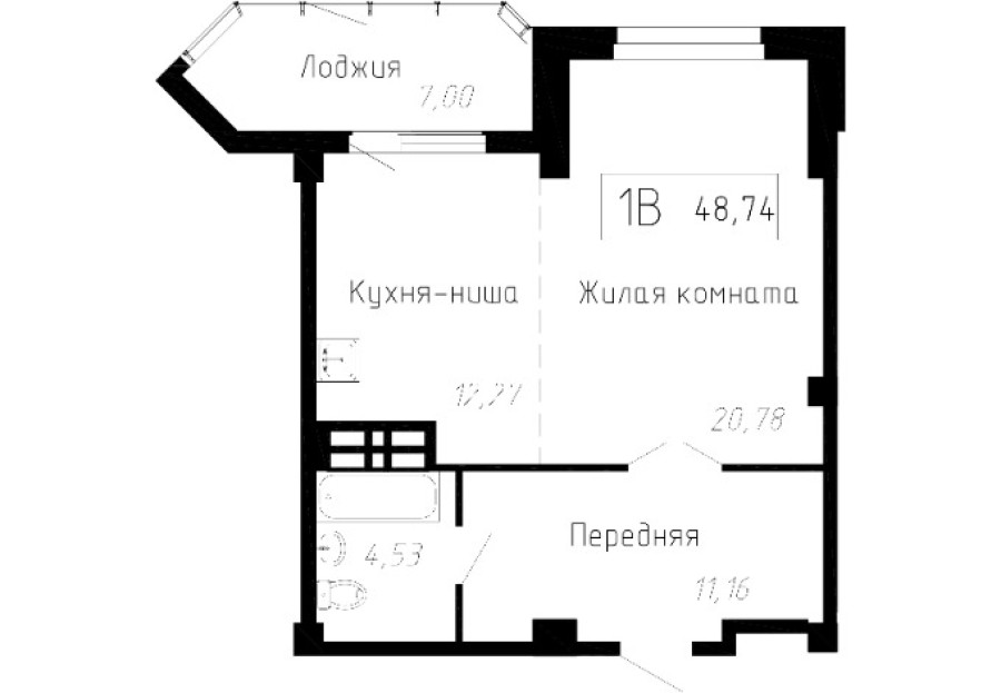 1-комнатная, 48.2 м² в Чайка