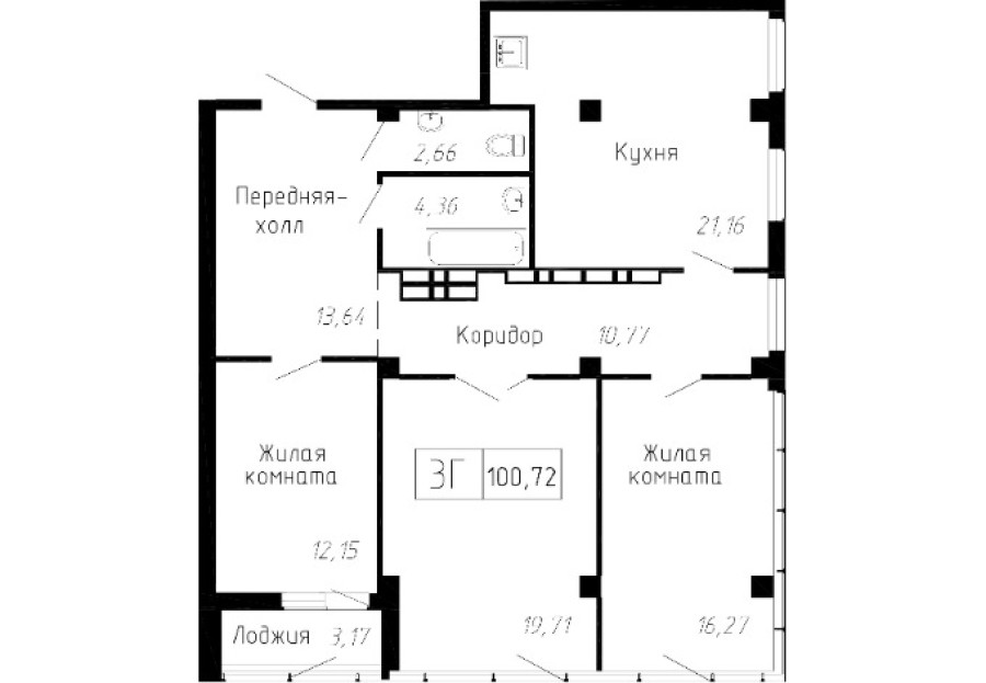3-комнатная, 101.27 м² в Чайка