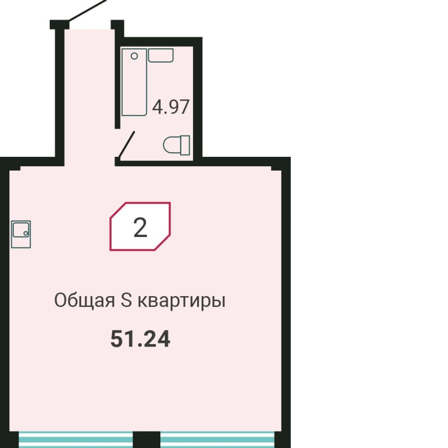1-комнатная, 51.24 м² в Четыре Горизонта