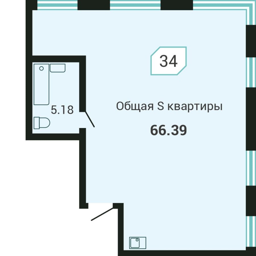 2-комнатная, 66.39 м² в Четыре Горизонта
