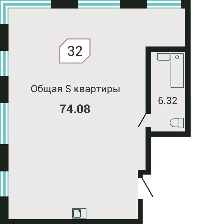 2-комнатная, 74.08 м² в Четыре Горизонта