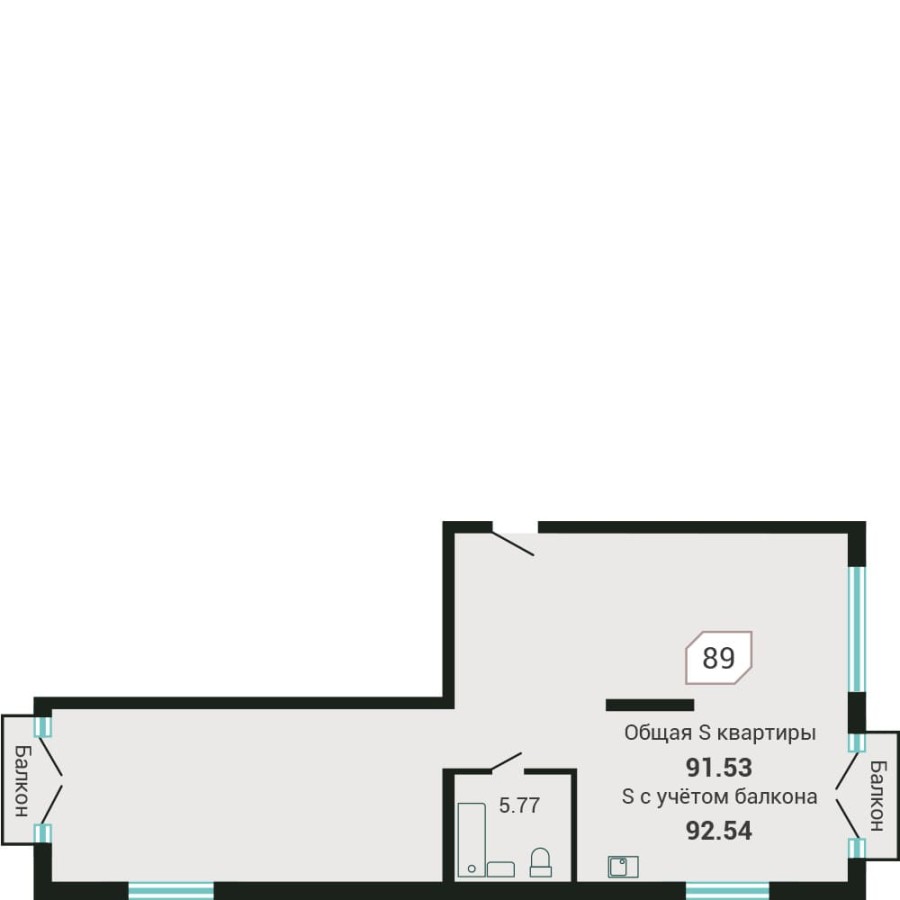 3-комнатная, 92.54 м² в Четыре Горизонта