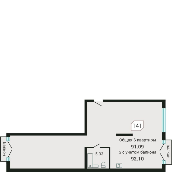 3-комнатная, 92.1 м² в Четыре Горизонта