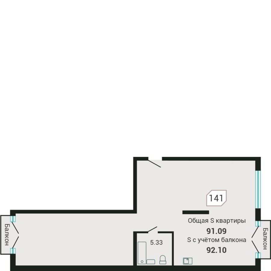 3-комнатная, 92.1 м² в Четыре Горизонта