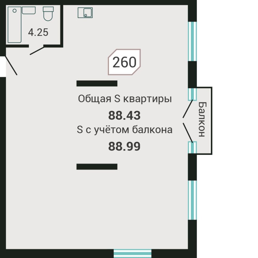 3-комнатная, 88.99 м² в Четыре Горизонта