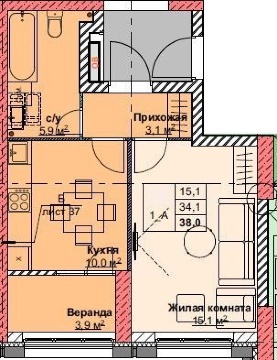 1-комнатная, 38 м² в Каштановый Двор