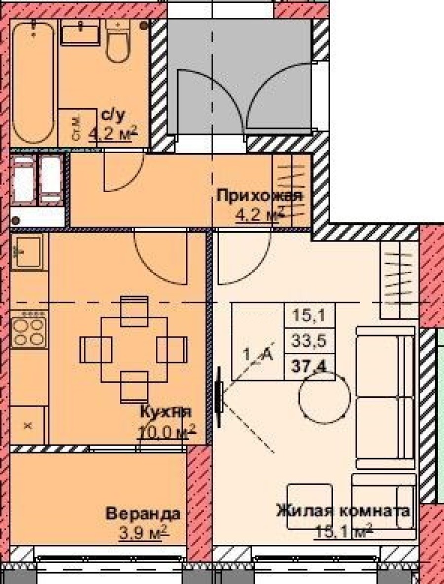 1-комнатная, 37.4 м² в Каштановый Двор