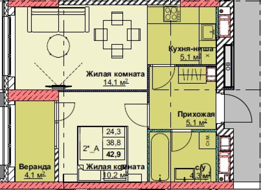 2-комнатная-смарт, 42.9 м² в Каштановый Двор