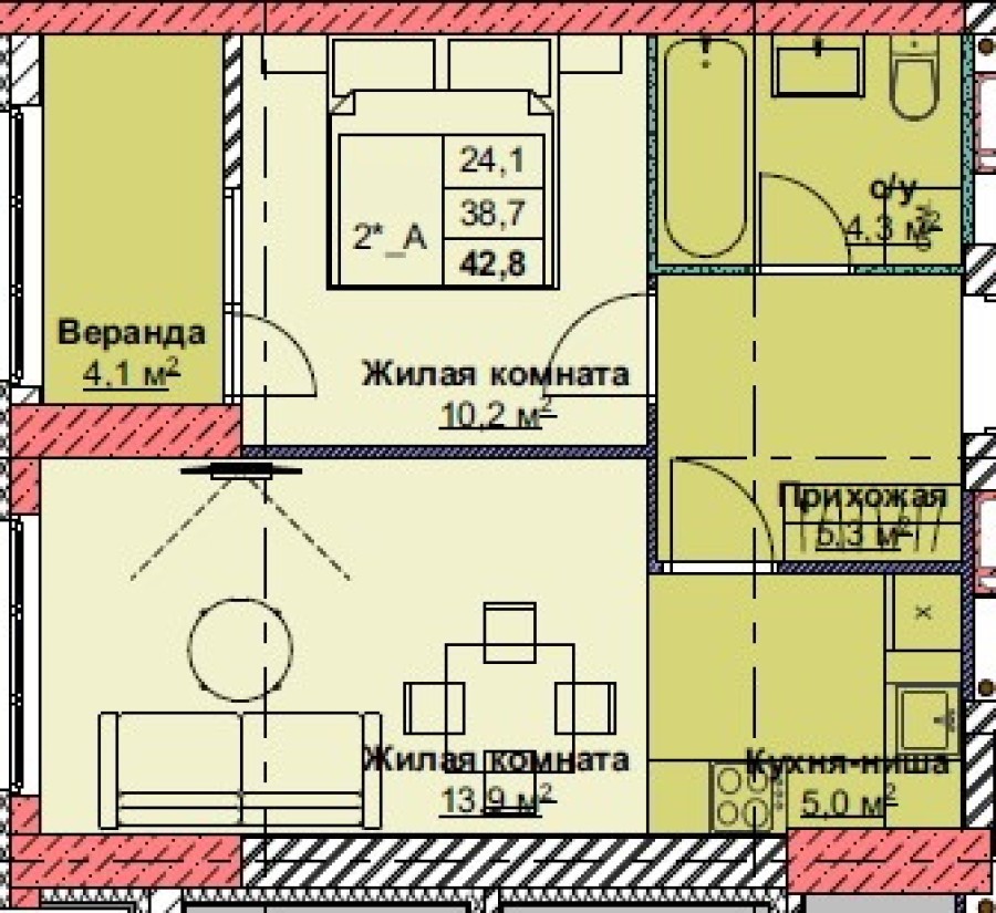2-комнатная-смарт, 42.8 м² в Каштановый Двор