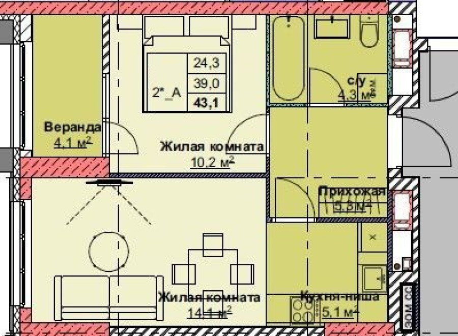 2-комнатная-смарт, 43.1 м² в Каштановый Двор