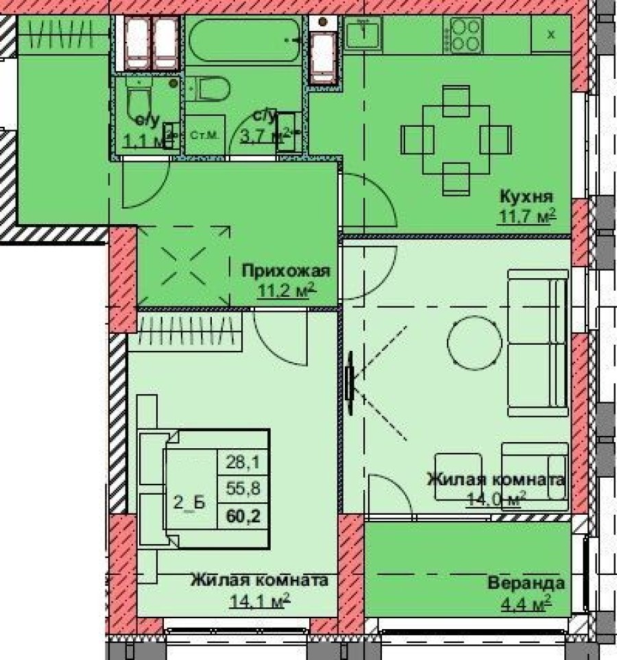 2-комнатная, 60.2 м² в Каштановый Двор