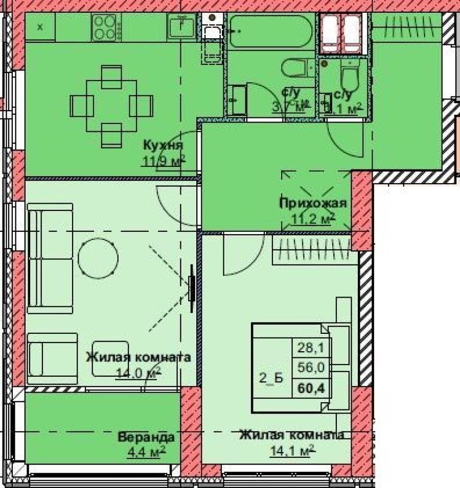 2-комнатная, 60.4 м² в Каштановый Двор