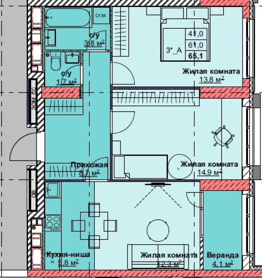 3-комнатная-смарт, 65.1 м² в Каштановый Двор