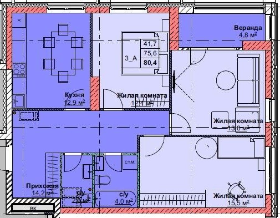 3-комнатная, 80.4 м² в Каштановый Двор