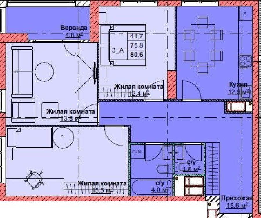 3-комнатная, 80.6 м² в Каштановый Двор
