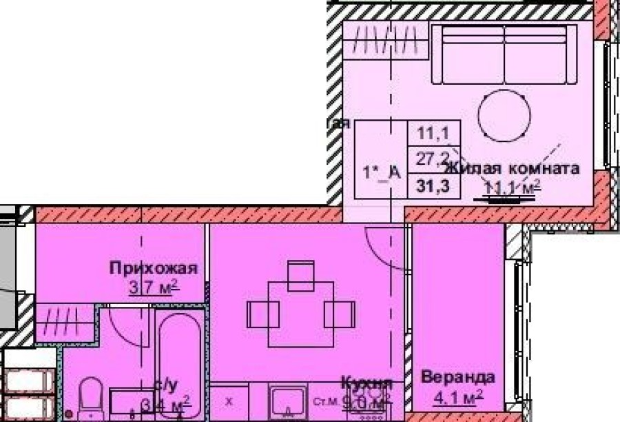 1-комнатная, 31.3 м² в Каштановый Двор