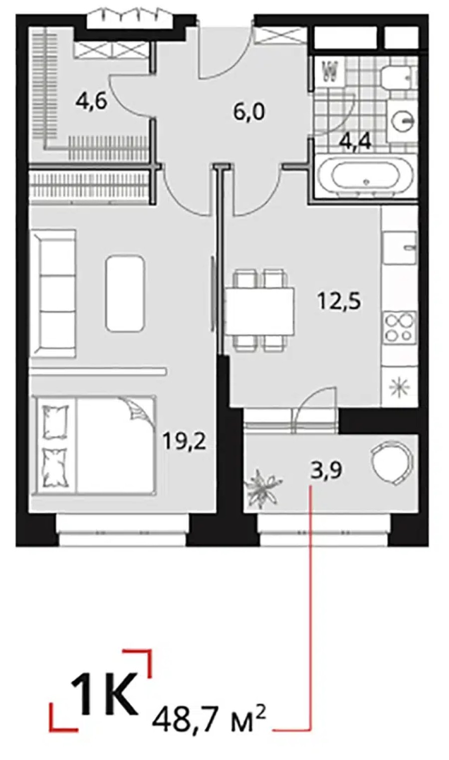 1-комнатная, 48.7 м² в Novatoria (Новатория)