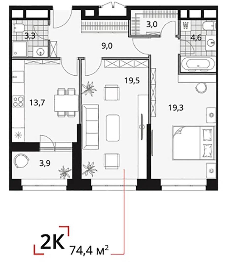 2-комнатная, 74.4 м² в Novatoria (Новатория)