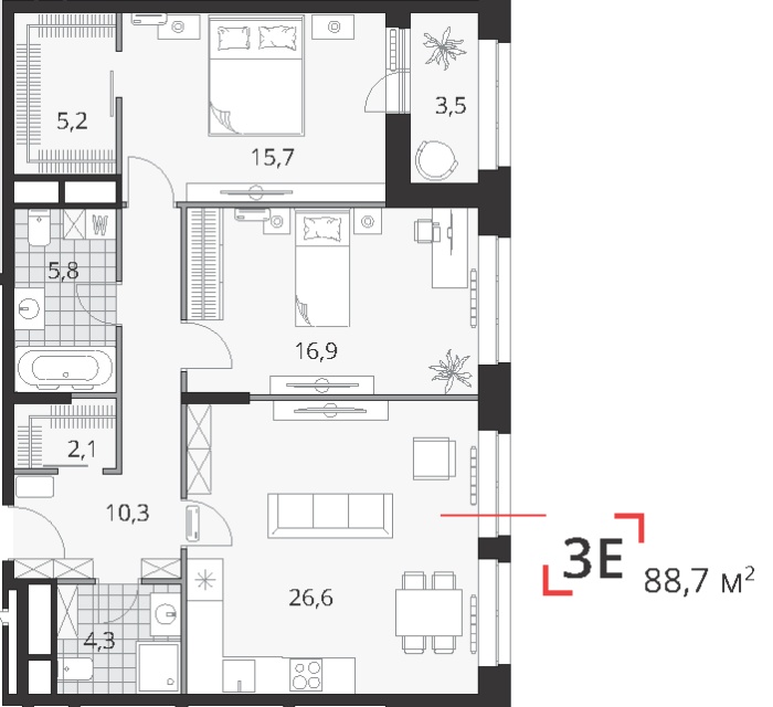 3-комнатная, 88.7 м² в Novatoria (Новатория)