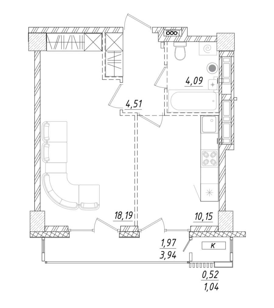 1-комнатная, 39.43 м² в Квартал Чехова