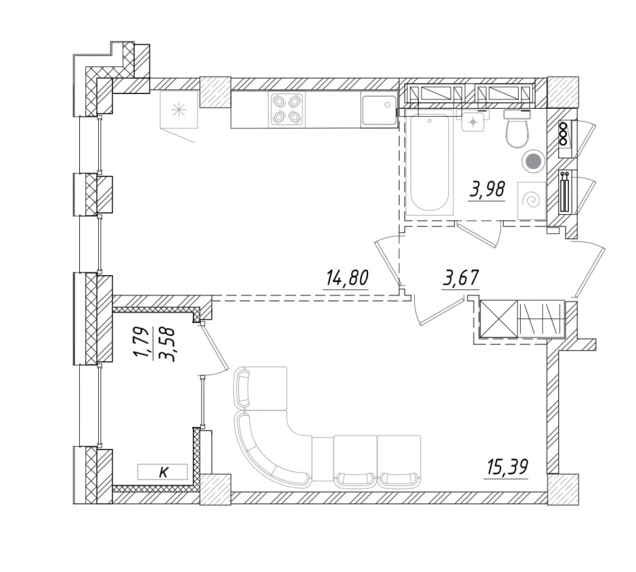 1-комнатная, 39.63 м² в Квартал Чехова