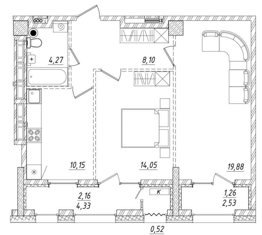 2-комнатная, 60.39 м² в Квартал Чехова