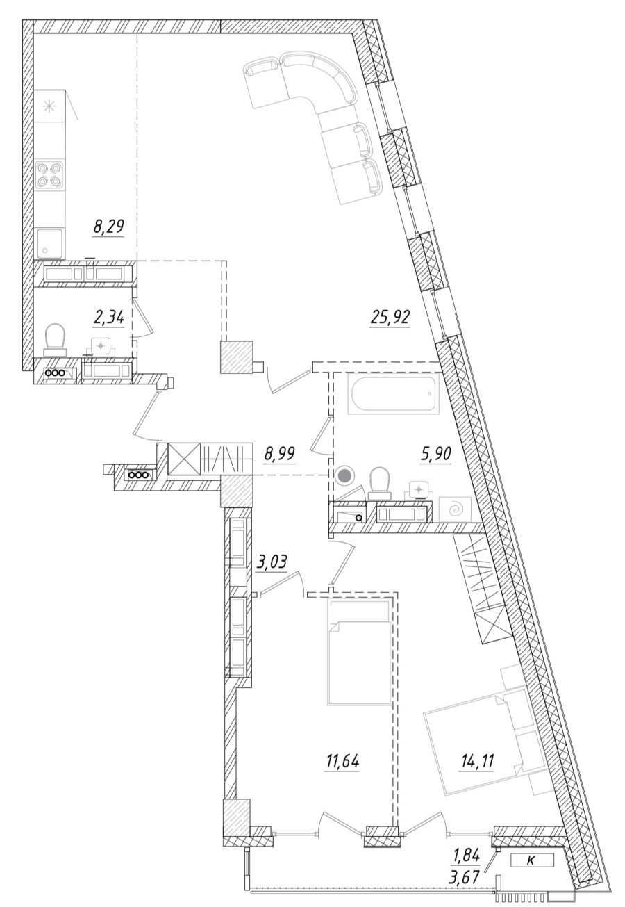 2-комнатная, 82.57 м² в Квартал Чехова