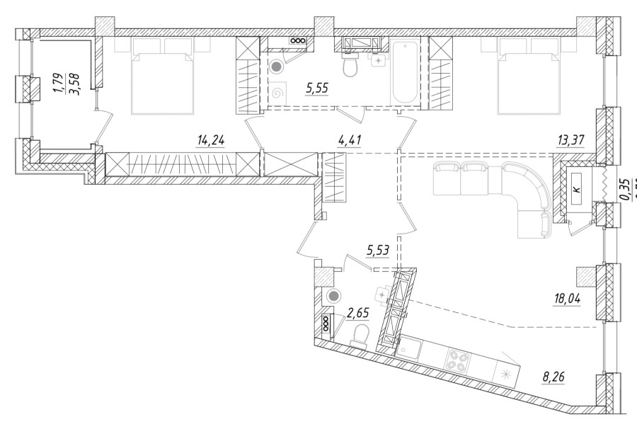 2-комнатная, 74.32 м² в Квартал Чехова
