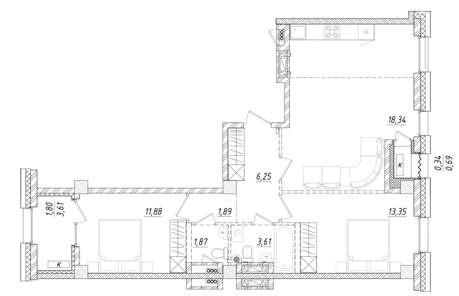 2-комнатная, 68.72 м² в Квартал Чехова