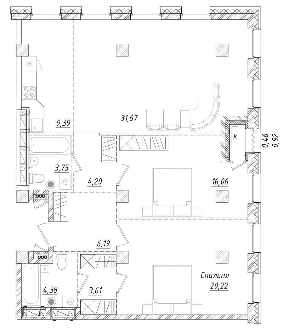 2-комнатная, 99.6 м² в Квартал Чехова