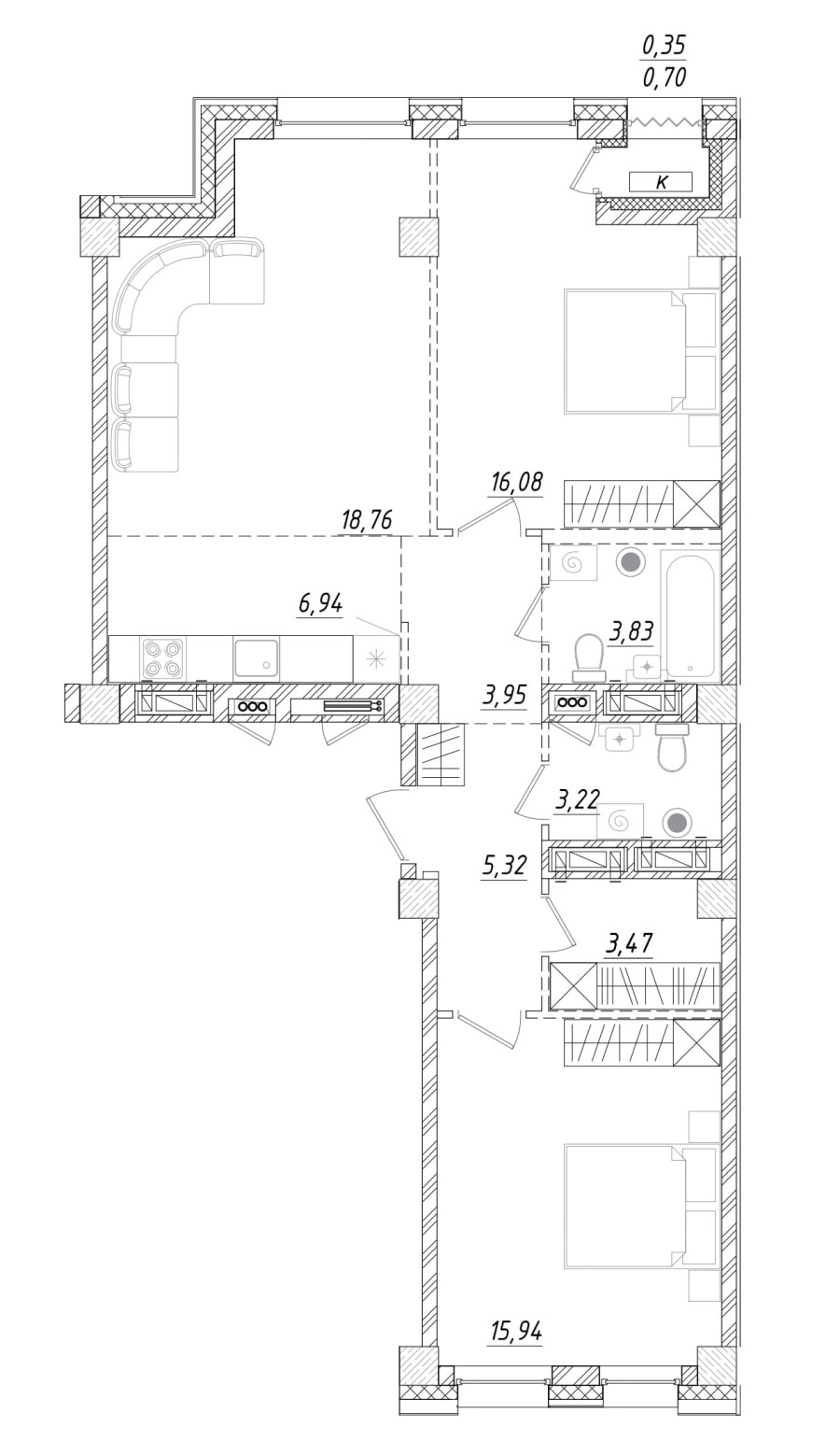 2-комнатная, 77.86 м² в Квартал Чехова