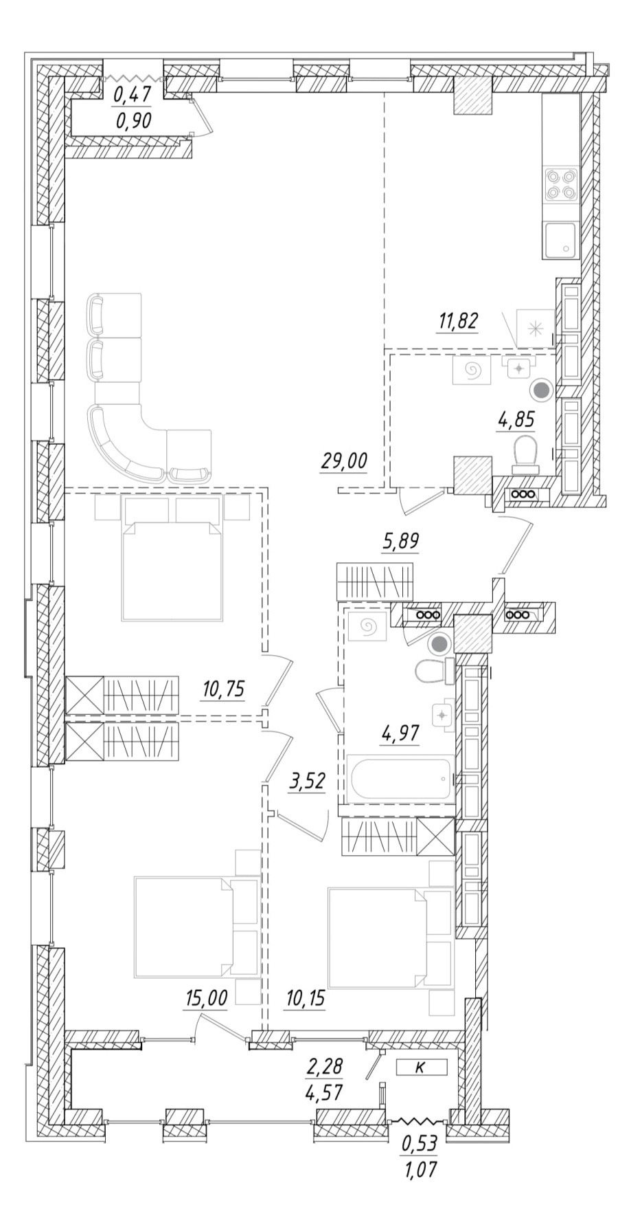 3-комнатная, 98.72 м² в Квартал Чехова