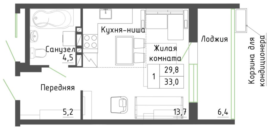Студия, 33 м² в Гармония