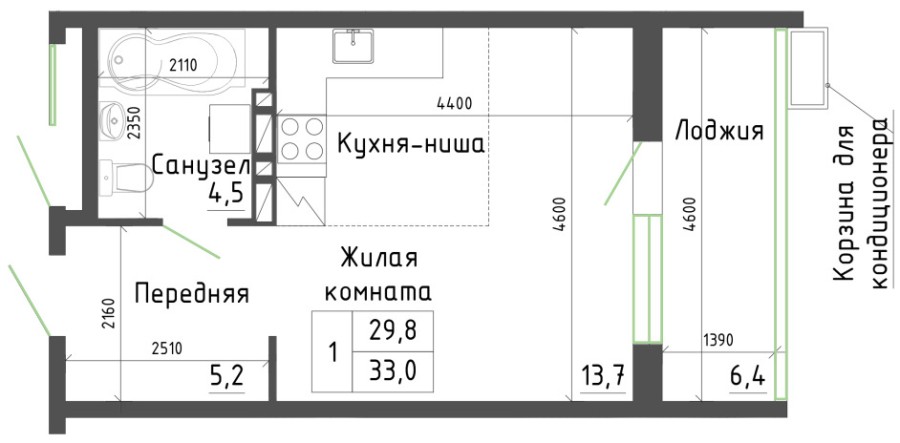 Студия, 33 м² в Гармония