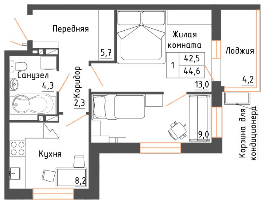 1-комнатная, 44.6 м² в Гармония