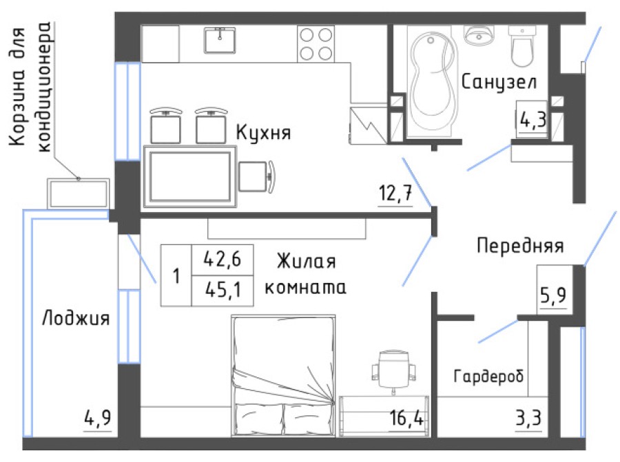 1-комнатная, 45.1 м² в Гармония