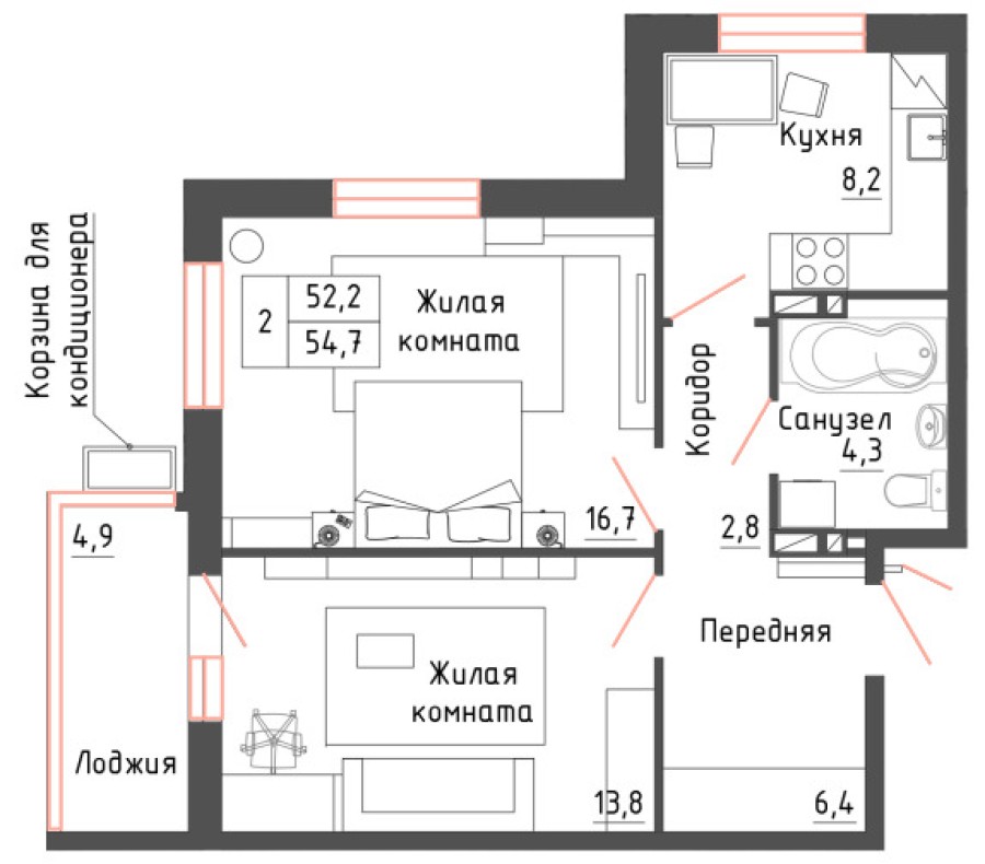 2-комнатная, 54.7 м² в Гармония
