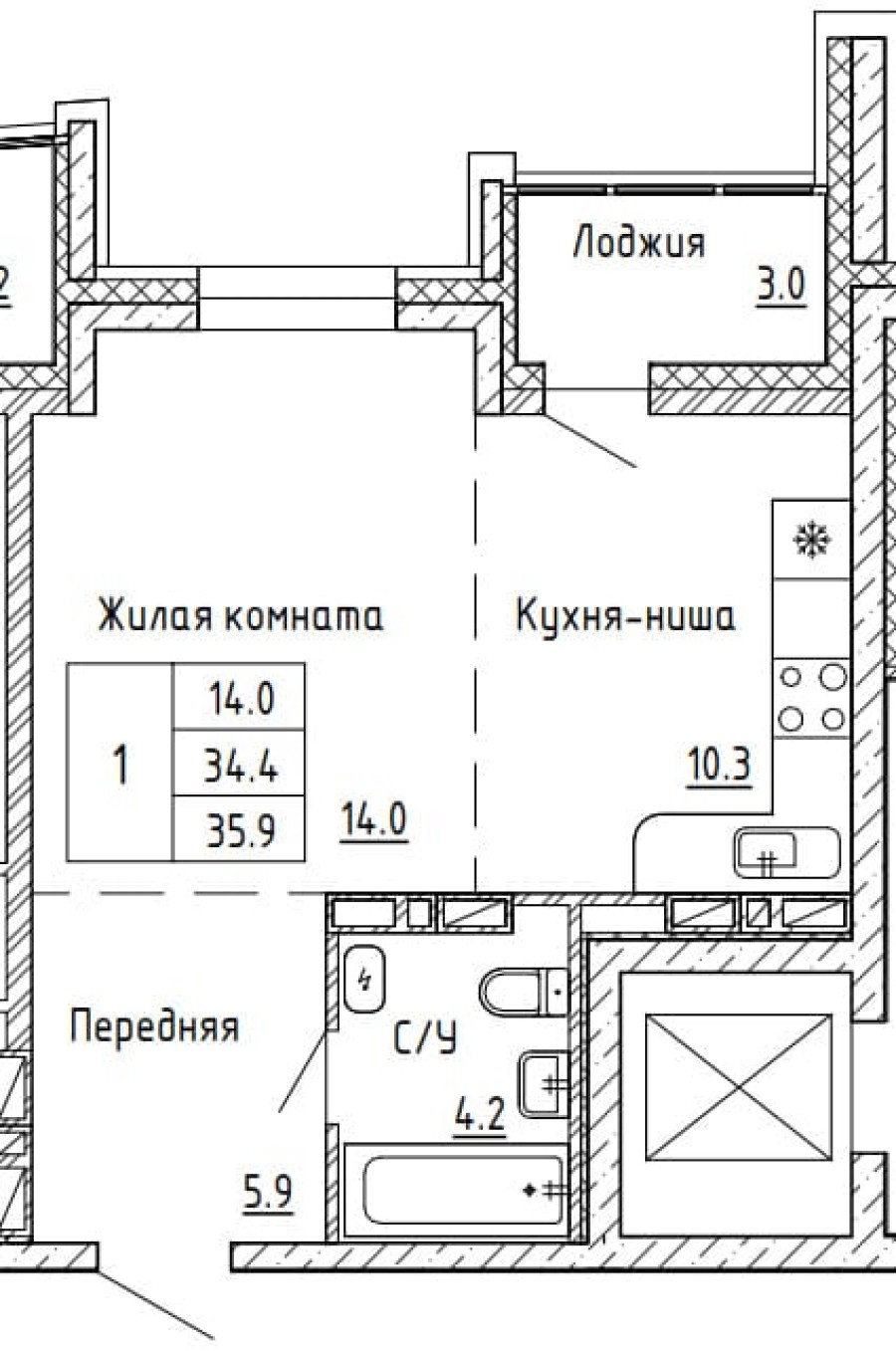 1-комнатная, 35.9 м² в Аргумент