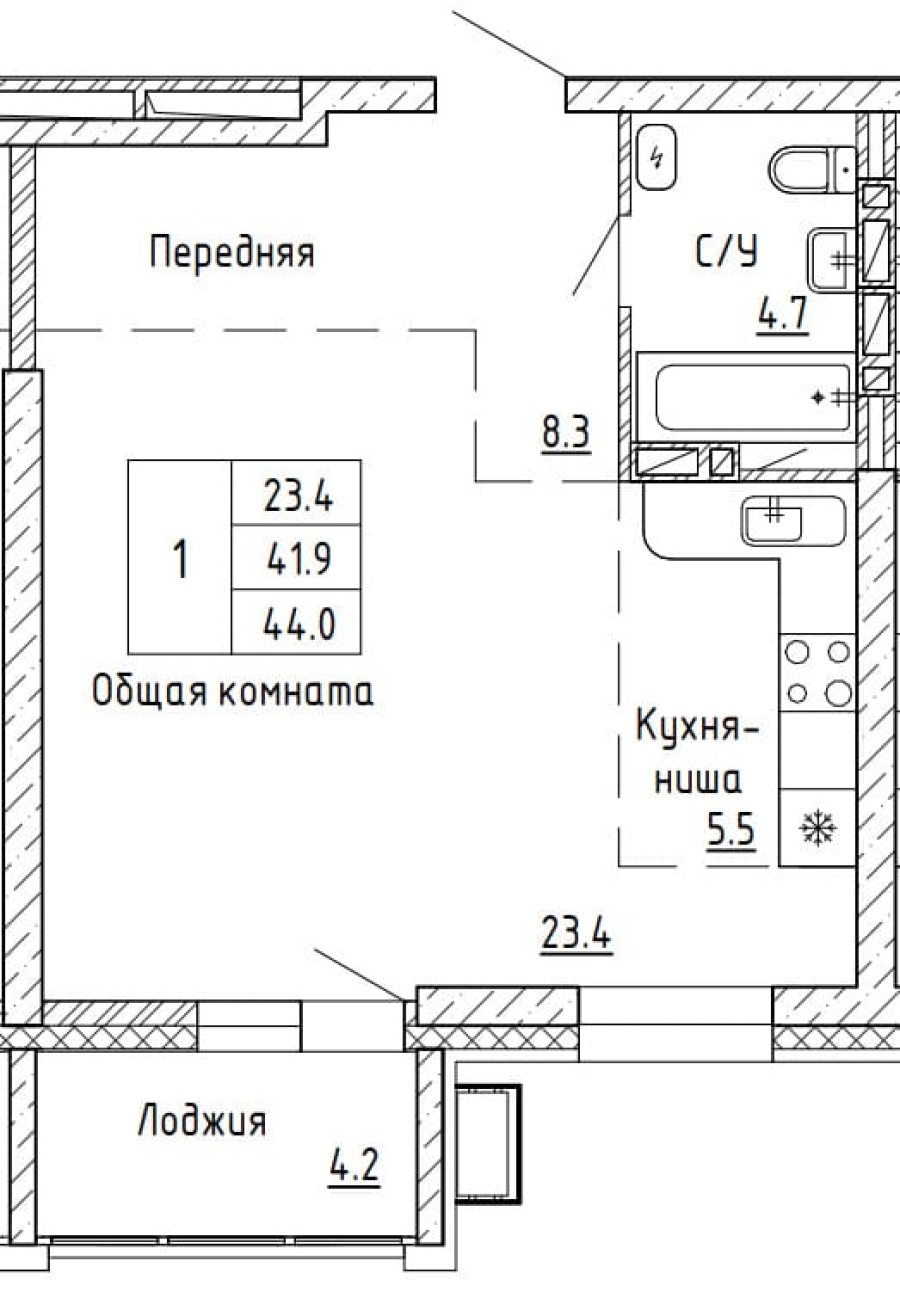 1-комнатная, 44 м² в Аргумент