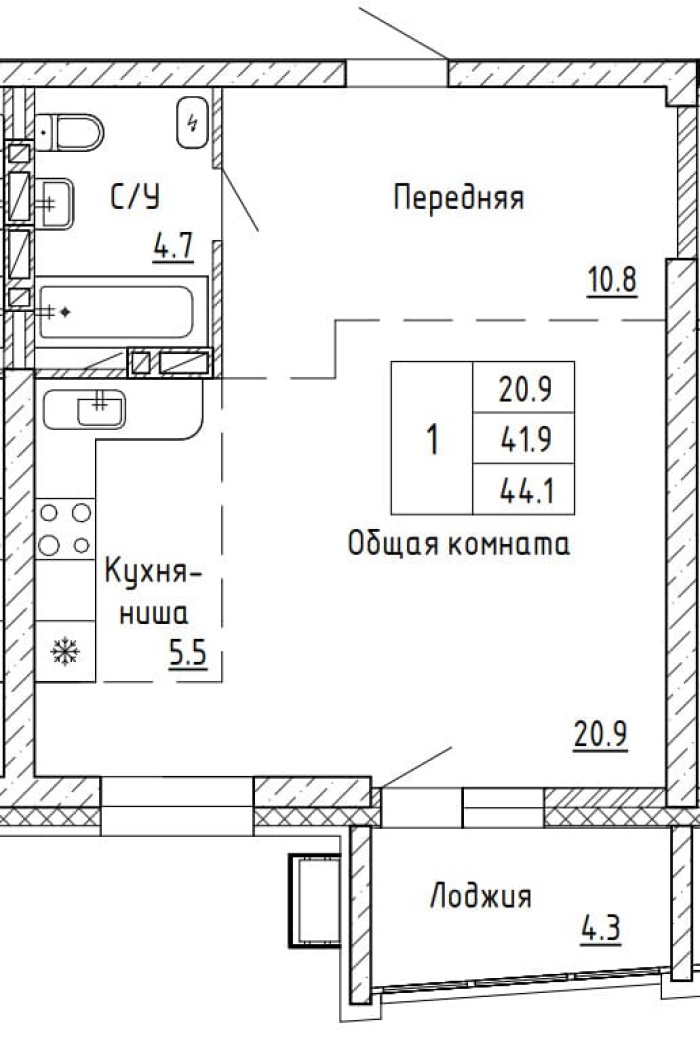 1-комнатная, 44.1 м² в Аргумент