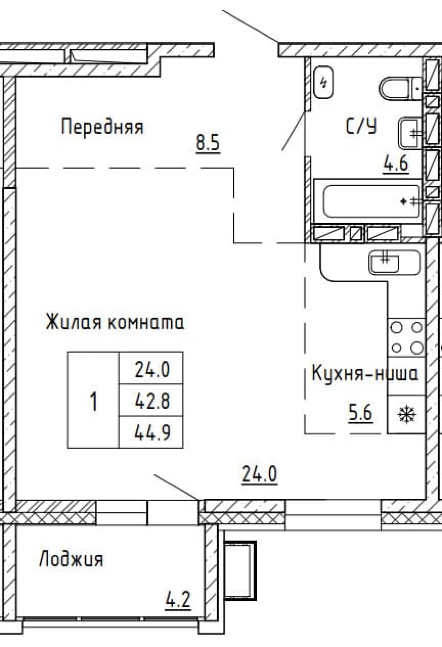 1-комнатная, 44.9 м² в Аргумент