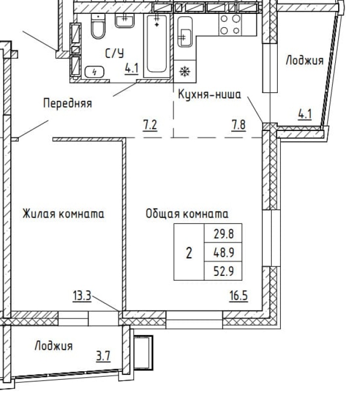 2-комнатная, 52.9 м² в Аргумент