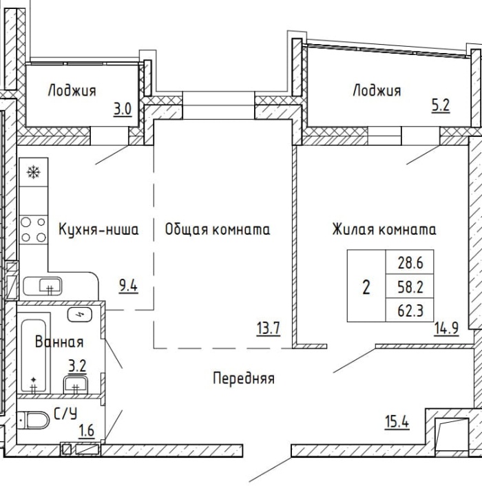 2-комнатная, 62.3 м² в Аргумент
