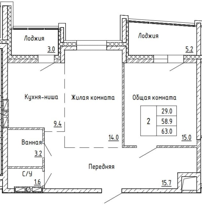2-комнатная, 63 м² в Аргумент