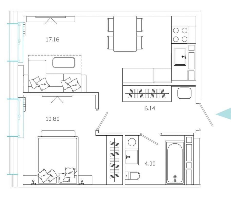 2-комнатная, 38.1 м² в Эмоции