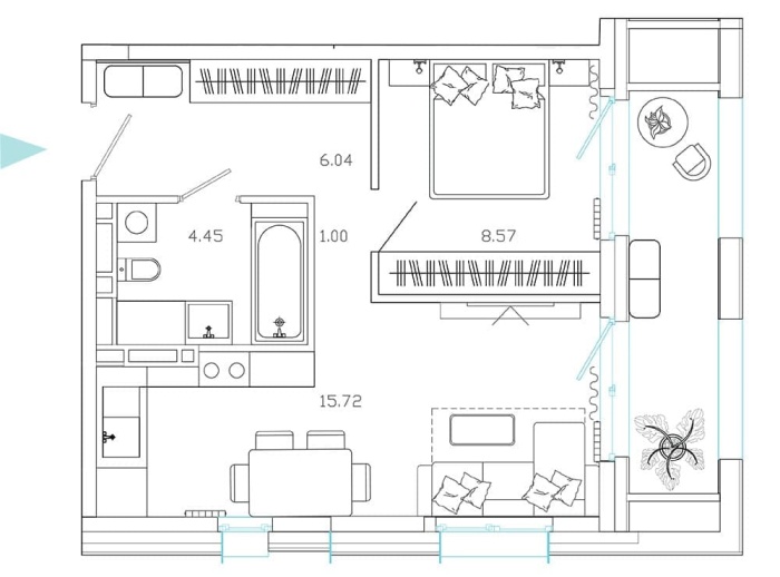 2-комнатная, 39.46 м² в Эмоции