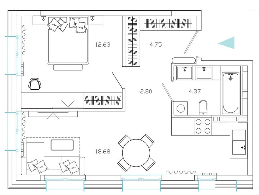 2-комнатная, 44.05 м² в Эмоции