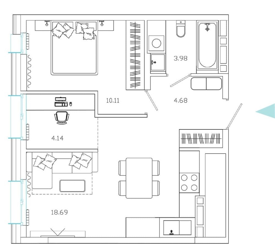 2-комнатная, 42.41 м² в Эмоции